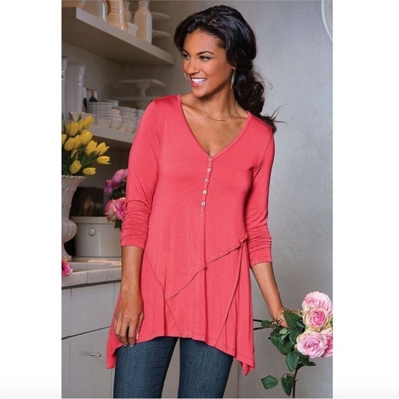 Soft Surroundings Ravello Timely Henley Tunic Top Coral - Picture 1 of 11